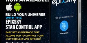 epixsky new app black interface with apple and android icons. Text information about the new app.