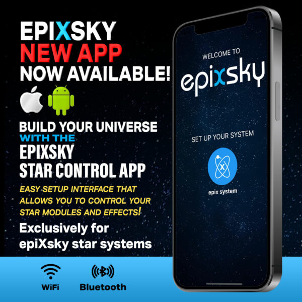 epixsky new app black interface with apple and android icons. Text information about the new app.