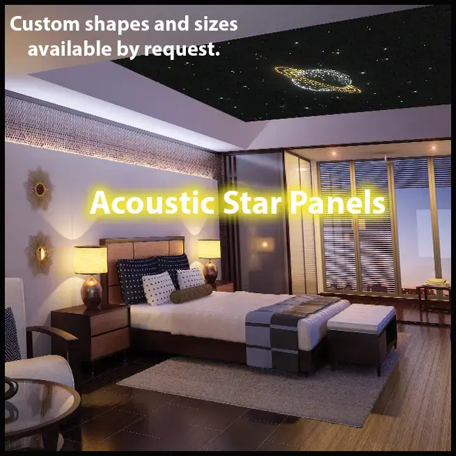 bedroom lighted by an epixsky star ceiling panel above it. Words say Acoustic Star Panels Custom shapes and sizes available upon request.