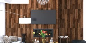 Acoustic Wood Planks and furniture with a tv on the wall
